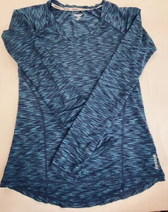 Camiseta deportiva Reebok para mujer azul jaspeado manga larga agujero en el pulgar cuello en V M - Imagen 1 de 10