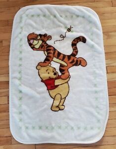 Vintage Disney Babies Winnie The Pooh And Tigger Plush Crib Blanket Green Cross