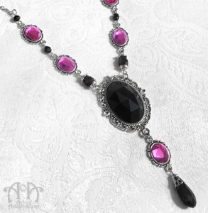 Pink Black BEADED CRYSTAL NECKLACE Victorian Gothic Silver Rhinestone Pendant - Picture 1 of 3