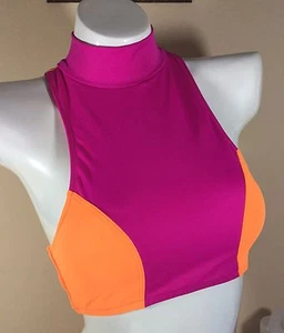 PINK VICTORIA SECRET SWIM HIGH NECK BIKINI CROP TOP PINK & ORANGE XS NWT F3001 - Picture 1 of 2
