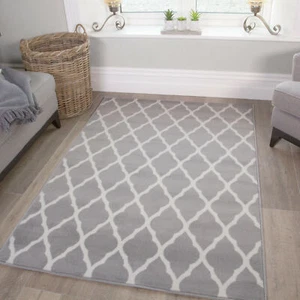 Modern Grey Rug | Large Grey Trellis Rug|  New Long Carpet Runner Rugs | Cheap - Picture 1 of 12