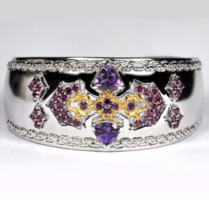 Womens Sterling Silver Open Cuff Bangle Bracelet Garnet Amethyst Gemstones 7" - Picture 1 of 4