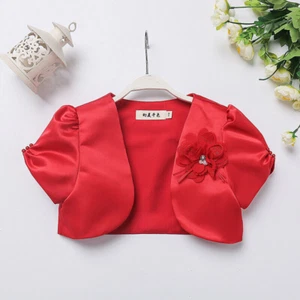 Kids Girls Satin Top Coat Bolero Shrug Jacket Cape 3D Flower Beaded Wedding Chic - Picture 1 of 10