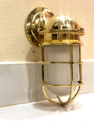Retro Style Marine Brass Passage Wall Lights Set of 2 w/ White Glass Shades - Image 1 of 4