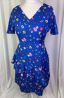 Yumi Tea Dress Blue Disty Floral Print Short Sleeve Ruffle Tie Waist UK12 C1702