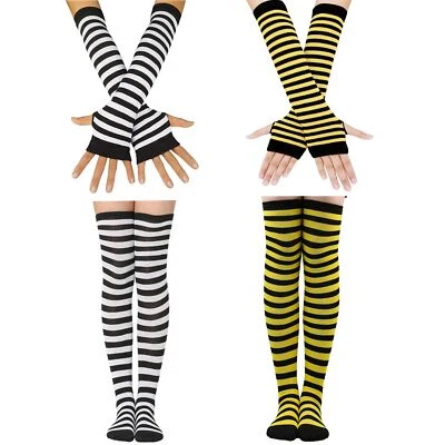 Juego de 2 pares de calcetines largos a rayas hasta el muslo calentador de brazos guantes sin dedos para mujer Foto 1 de 4