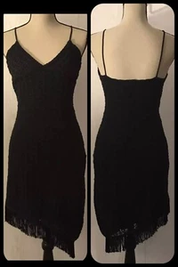 Arden B Black Dress Asymmetrical Spaghetti Strap Hem Crochet Low Cut Fringe Sz S - Picture 1 of 13