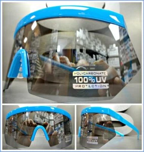 OVERSIZE EXAGGERATED 90's RETRO SPORTY WRAP SUNGLASSES XL Jumbo Neon Blue Frame - Picture 1 of 7