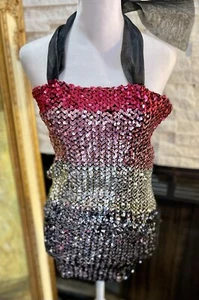 Vintage 1980’s Sequin Tube Top Halter Rainbow Disco Party Bow Party - Picture 1 of 14