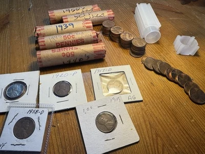 CINCO ROLLOS DE CENTAVO DE TRIGO - 250 CENTAVOS 1939 rollo + 1917d 1919 1943 acero años 40 50  Foto 1 de 4