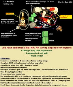 Les Paul Solderless METRIC Wiring Upgrade + Coil Split +Orange Drops +Gold 3-way - Picture 1 of 11