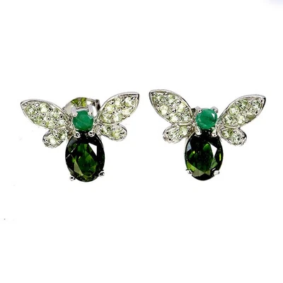 925 Sterling Silver Earrings Oval Chrome Diopside Peridot Gemstone Bee Jewelry - Image 1 of 4
