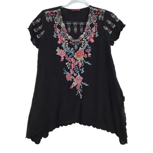 Johnny Was Hinga Tunic Blouse Womens XS Black Floral Embroidered Cupra C28118 - Picture 1 of 6