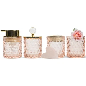 Badaccessoires Set 5-teilig - Zahnbürstenhalter aus rosa Glas, Badezimmerbecher... - Bild 1 von 5