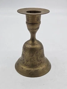 Vintage Engraved Floral Brass Bell with Candle Holder 4" Made in India--37a - Picture 1 of 7