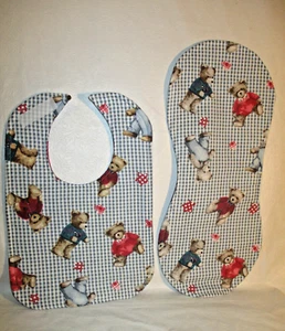 Handmade By Me Infant Toddler Bib and Burp Pad Set. Blue Jean Teddy, Baby Shower - Picture 1 of 3