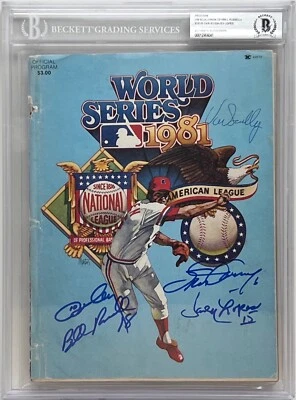 Vin Scully Ron Cey Steve Garvey Davey Lopes Signed 1981 World Series Program BAS - Image 1 of 4