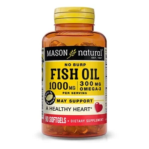 Omega-3 Fish Oil 1000mg No Burp Healthy Heart, 90 Softgels Mason - Picture 1 of 3