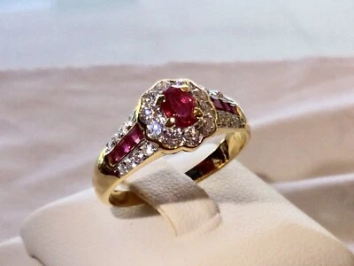 18K Gold Diamond Ring Red Ruby Handmade Vintage Gemstone Women Ring Size 7 US - Image 1 of 4