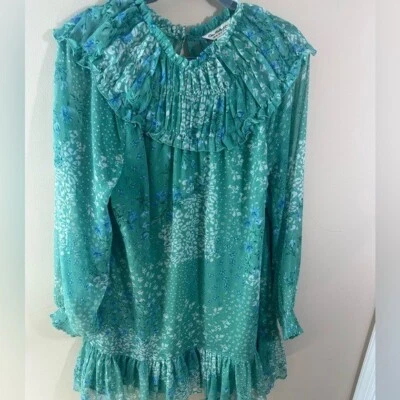 Miss Selfridge Dress chiffon ruffle yoke smock  in green patchwork print size 10 - Image 1 of 4