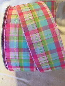 5 yds. PINK PLAID PRINT WIRE EDGE RIBBON 2 1/2" Wide - Picture 1 of 1