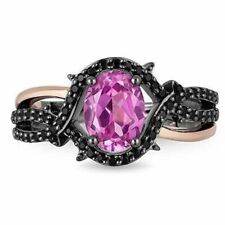 Oval Lab Created Pink Sapphire Wedding Ring 925 Silver In Black Rhodium Plated