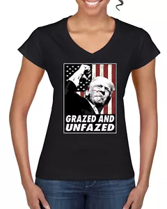 Grazed and Unfazed Trump Shot 2024 Election Women’s Standard V-Neck Tee - Picture 1 of 6