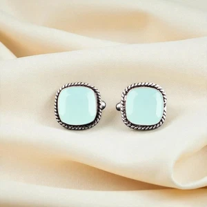Aqua Chalcedony Gemstone 925 Solid Silver Men's Jewelry Vintage Cufflinks 0.61" - Picture 1 of 6