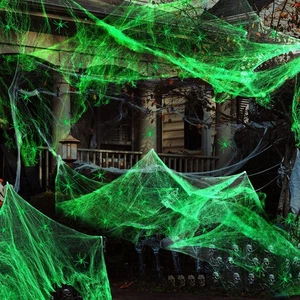 Dehnbares leuchtendes künstliches Spinnennetz mit gefälschten Spinnen für Halloween Deko Requisiten - Bild 1 von 9