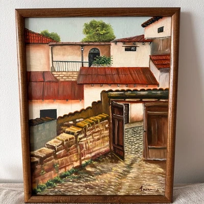 Vintage Mexican Courtyard Oil Painting on Canva – Rustic Village Scene, Signed - Image 1 of 4