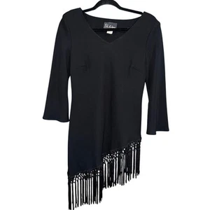 SL Fashion fringe Tassel Vintage Black Dress top Long Sleeves women’s size 10 - Picture 1 of 2