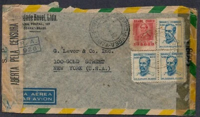 Brazil Ceará Censored Cover to New York USA 1944 Latin America Postage WWII - Image 1 of 2