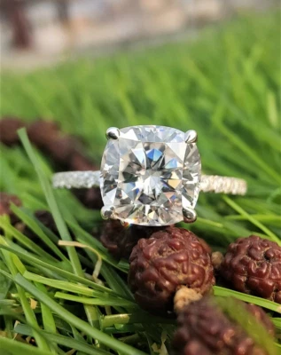 8mm Cushion Cut Moissanite Hidden Halo Engagement Ring 14K White Gold Plated - Image 1 of 4