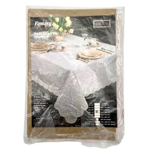 Vintage Tablecloth White Fantasy Lace Vinyl No Iron NEW 54x72 Cottage #135 - Picture 1 of 7