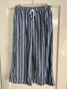 Women's Petite Long Capri Blue & White Size S Linen & Cotton Blend (A620) - Picture 1 of 13