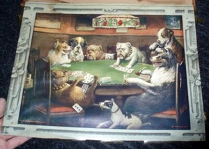 RARE ORIGINAL ANTIQUE LITHOGRAPH PRINT OF DOGS PLAYING CARDS IN ORIGINAL FRAME - Picture 1 of 24