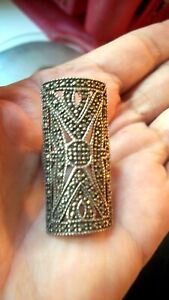 AMAZING VINTAGE 80'S HUGE 1-5/8 IN LONG DECO MARCASITE STERL SILVER RING SIZE 8