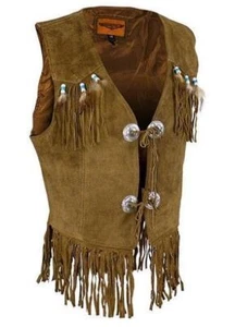 Chaleco occidental de cuero marrón para mujer conchos con cuentas con flecos 2 bolsillos interiores - Imagen 1 de 6