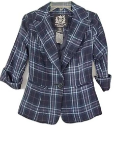 Wet Seal Womens Blue Plaid 3/4 Sleeve Blazer XS New with Tags - Picture 1 of 5