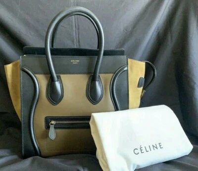 Celine Tri-Color Olive Grn & Blk Leather w/Mustard Suede Sides Mini Luggage Tote - Image 1 of 4