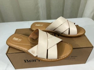 NIB BORN Womens Ilana Criss-Cross Leather Slide Flat Sandal US 8/EUR 38-39 White - Picture 1 of 24