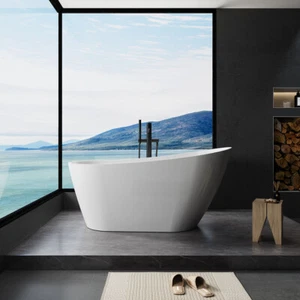 59" Freestanding Acrylic Bathtub, Stand Alone Soaking Tub w/ Chrome Overflow - Picture 1 of 11