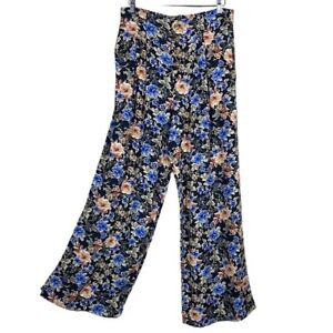 LIVE TO BE SPOILED Wide Leg Flare Pants Large Floral Button Detail Pull On Style