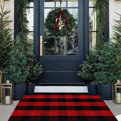 Christmas Door Mat Outdoor 27.5"X43" Buffalo Plaid Christmas Decor Rug Cotton Ha - Image 1 of 4
