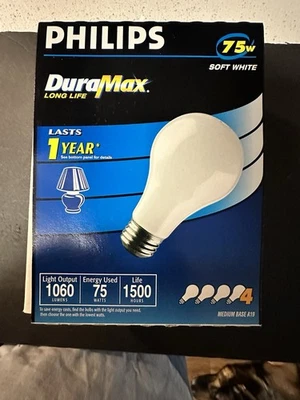 4 Philips 75 Watt Dura Max Long Lasting Soft White Light Bulbs NOS! - Image 1 of 2