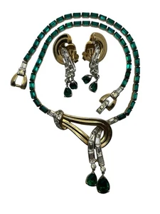 Mazer Art Deco Plata Tono Oro Verde y Transparente Estrás Collar Pendientes Conjunto - Imagen 1 de 19