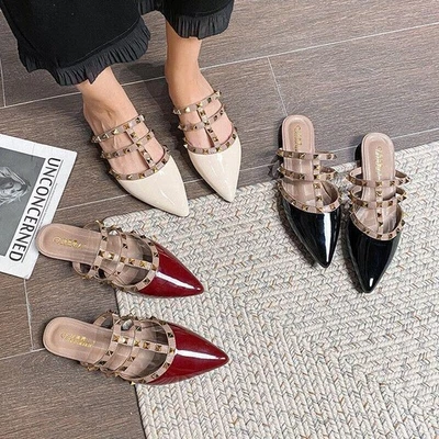 Studded Pointed Toe Flats Patent Leather Mules Comfort Soft Walking Shoes 35-43 - Image 1 of 4
