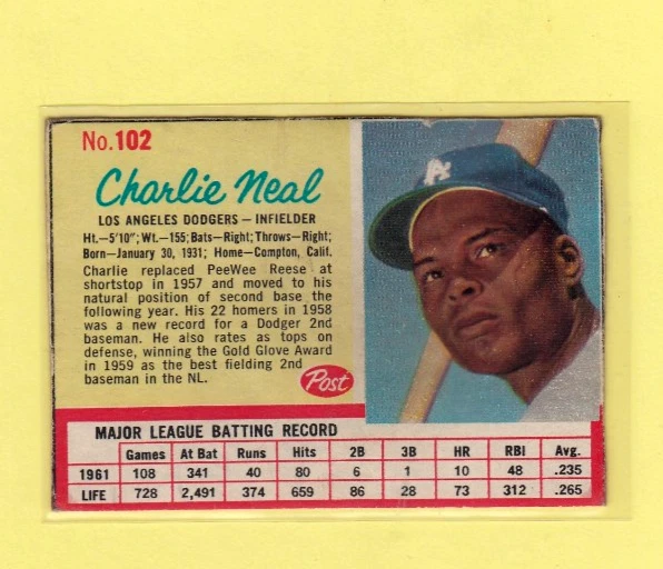 1962 Post Cereal CHARLIE NEAL #102 Los Angeles Dodgers NICE Cut Outside Border - Image 1 of 1