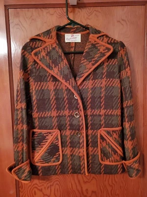 复古 20 世纪 60 年代凯迪拉克女式 8 码羊毛毛衣夹克格子橙色绿色 — 第 1/4 张图片