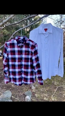 Hombre’s MED Lote O’2 Camisas de Vestir Manga Larga Hollister Borgoña-Negro/Alfani Blanco Foto 1 de 4